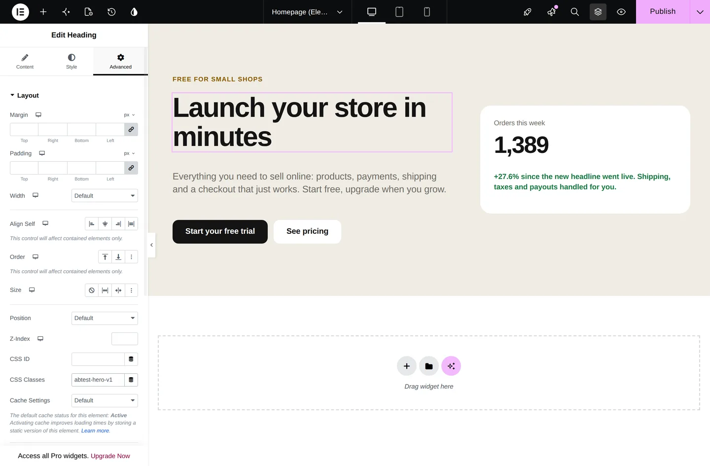 A page builder's CSS class field with the generated variant class pasted in