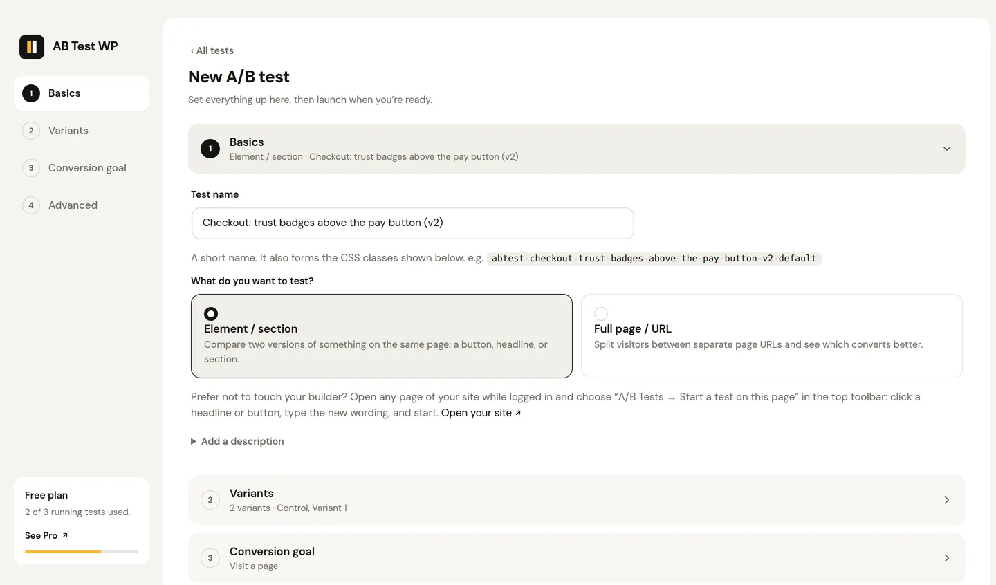 The New A/B test screen: test name with the generated CSS class, the element versus full-page choice, then variants, conversion goal and advanced steps