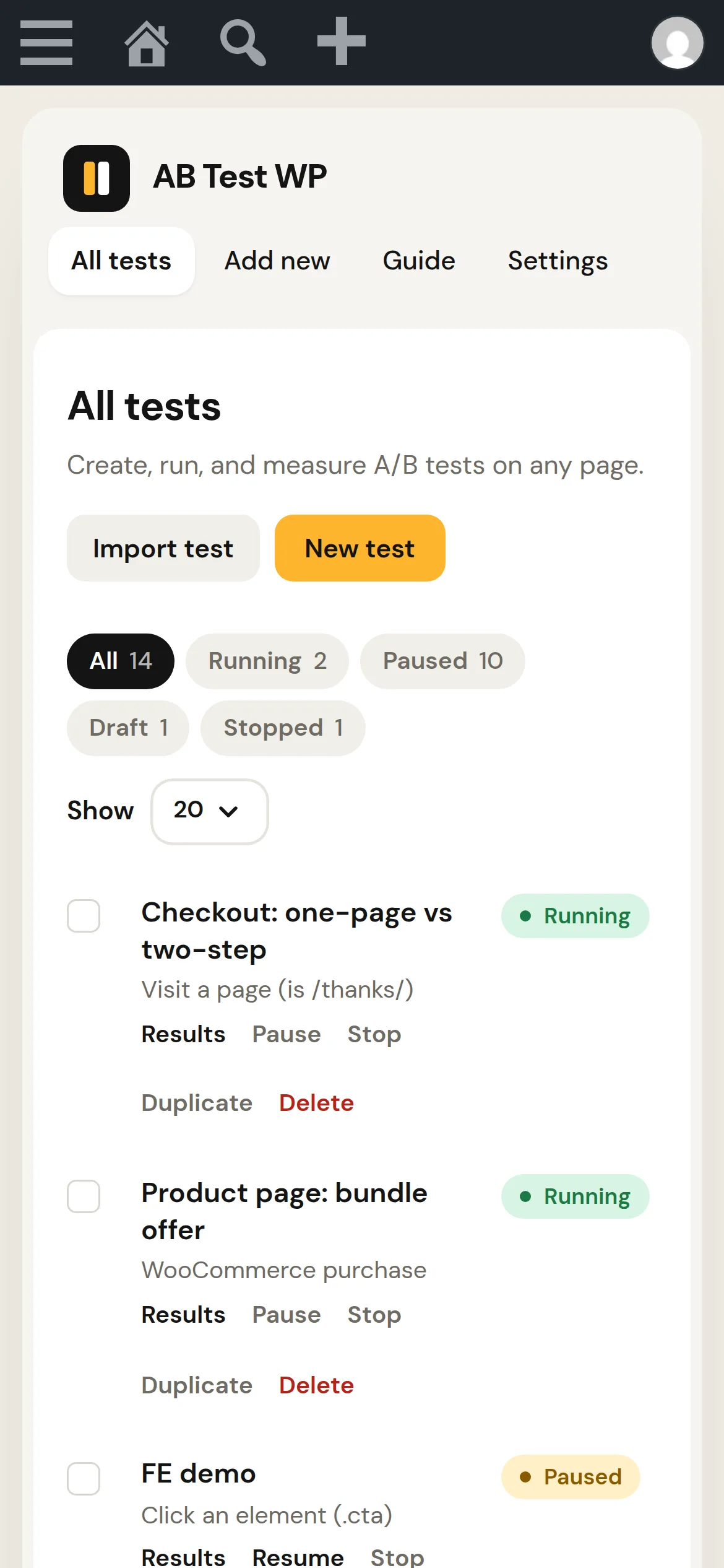 The A/B Tests list in the WordPress admin at phone width, each test's status, visitors and conversion rate stacked into a single column