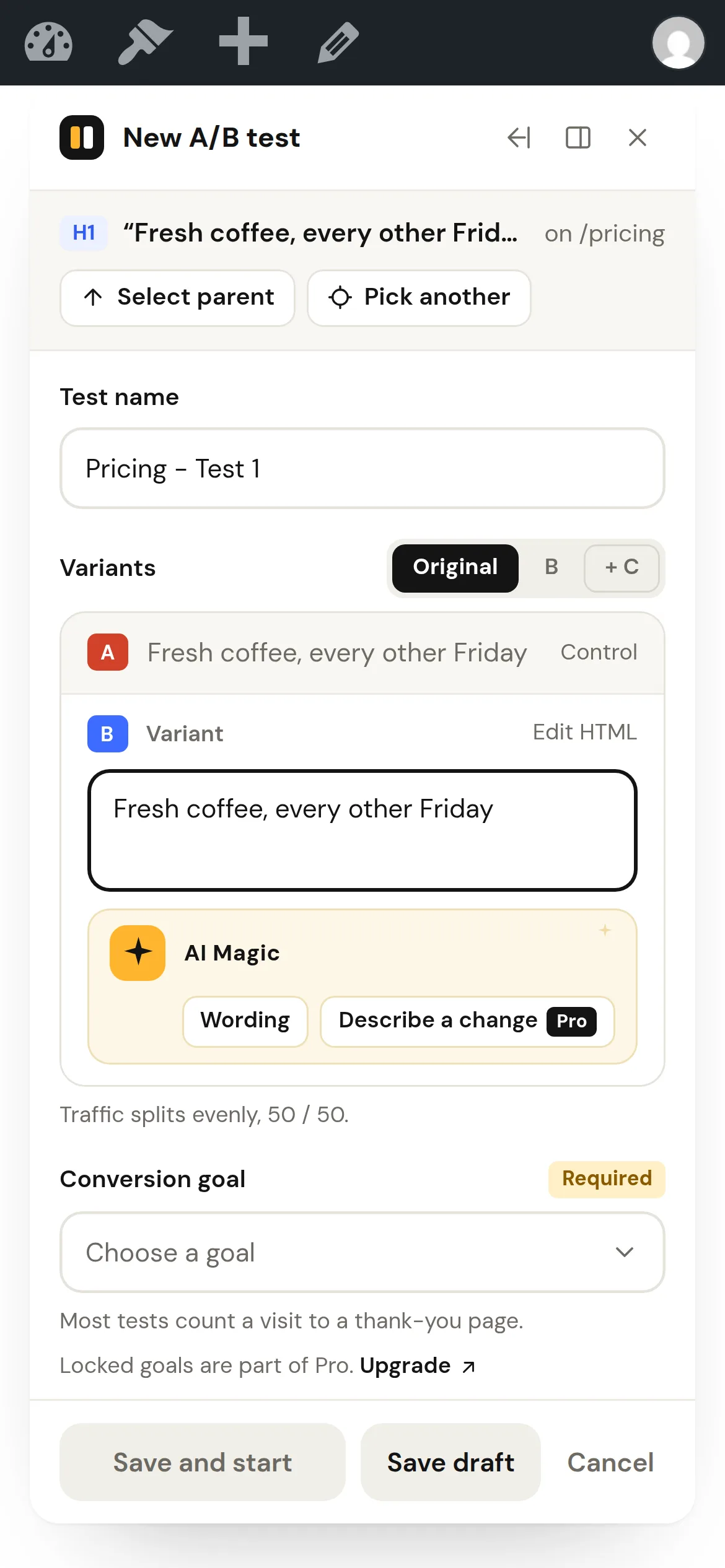 The point-and-click editor open on a phone: the selected H1 is named at the top of the panel, with the variant text field, the AI Magic card and the conversion goal stacked below it
