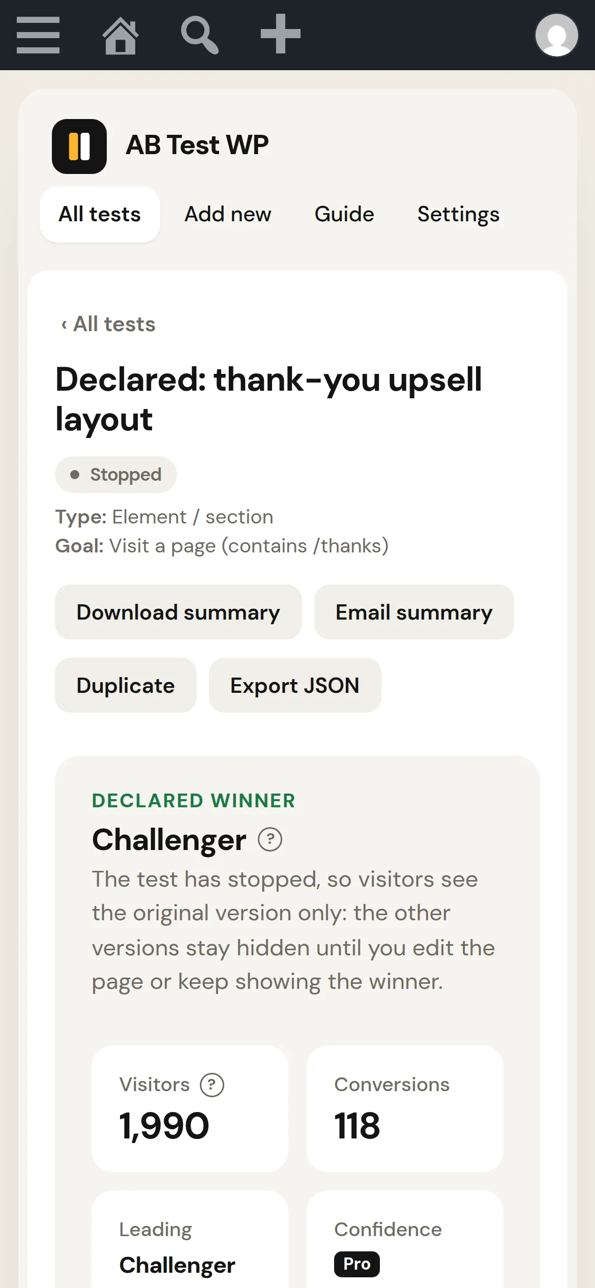 A finished test's results at phone width: the declared winner, the note that the test has stopped, and a KPI row whose Confidence tile carries a Pro tag because Free does not calculate significance