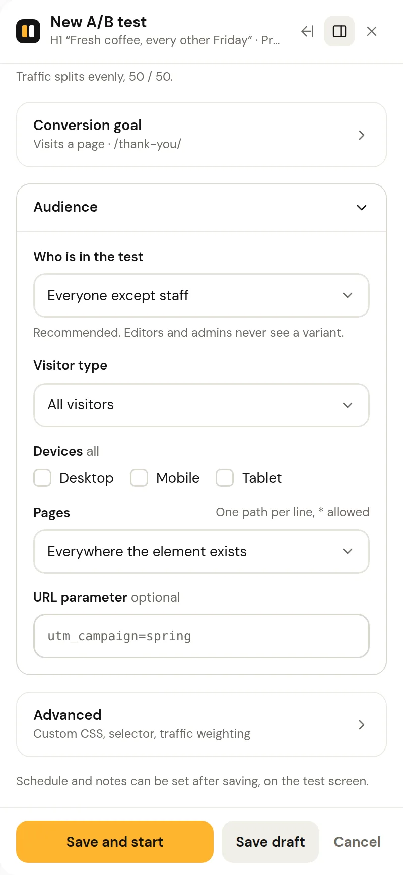 The point-and-click panel with the Audience section open: device, visitor type and URL parameter targeting