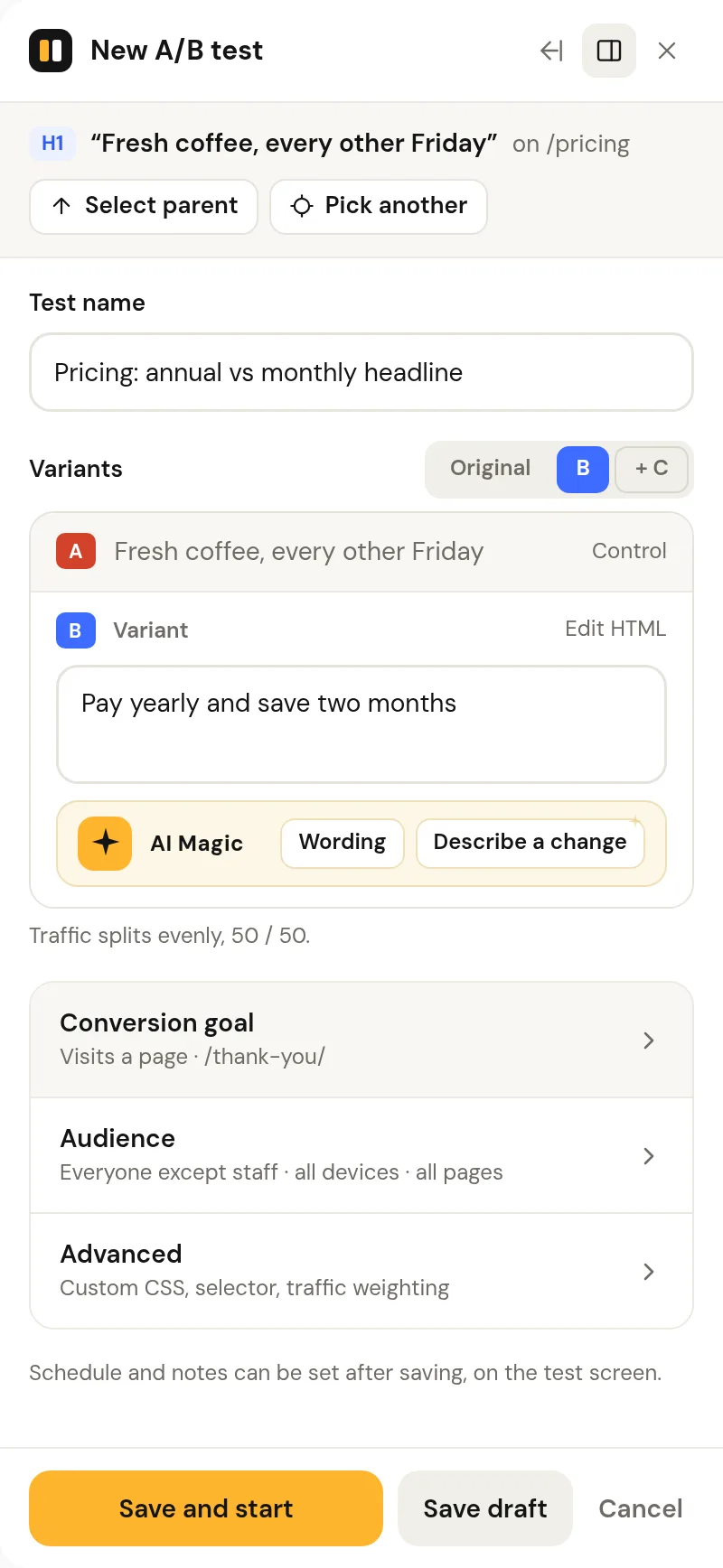 The point-and-click panel docked beside the page: the selected headline, the original and the variant text, a preview switch, the conversion goal and the traffic split, with the start button enabled