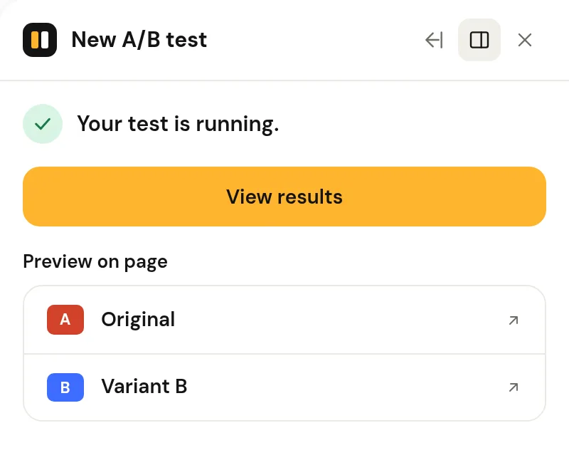 The panel after Save and start: the test is running, with links to the results and the dashboard