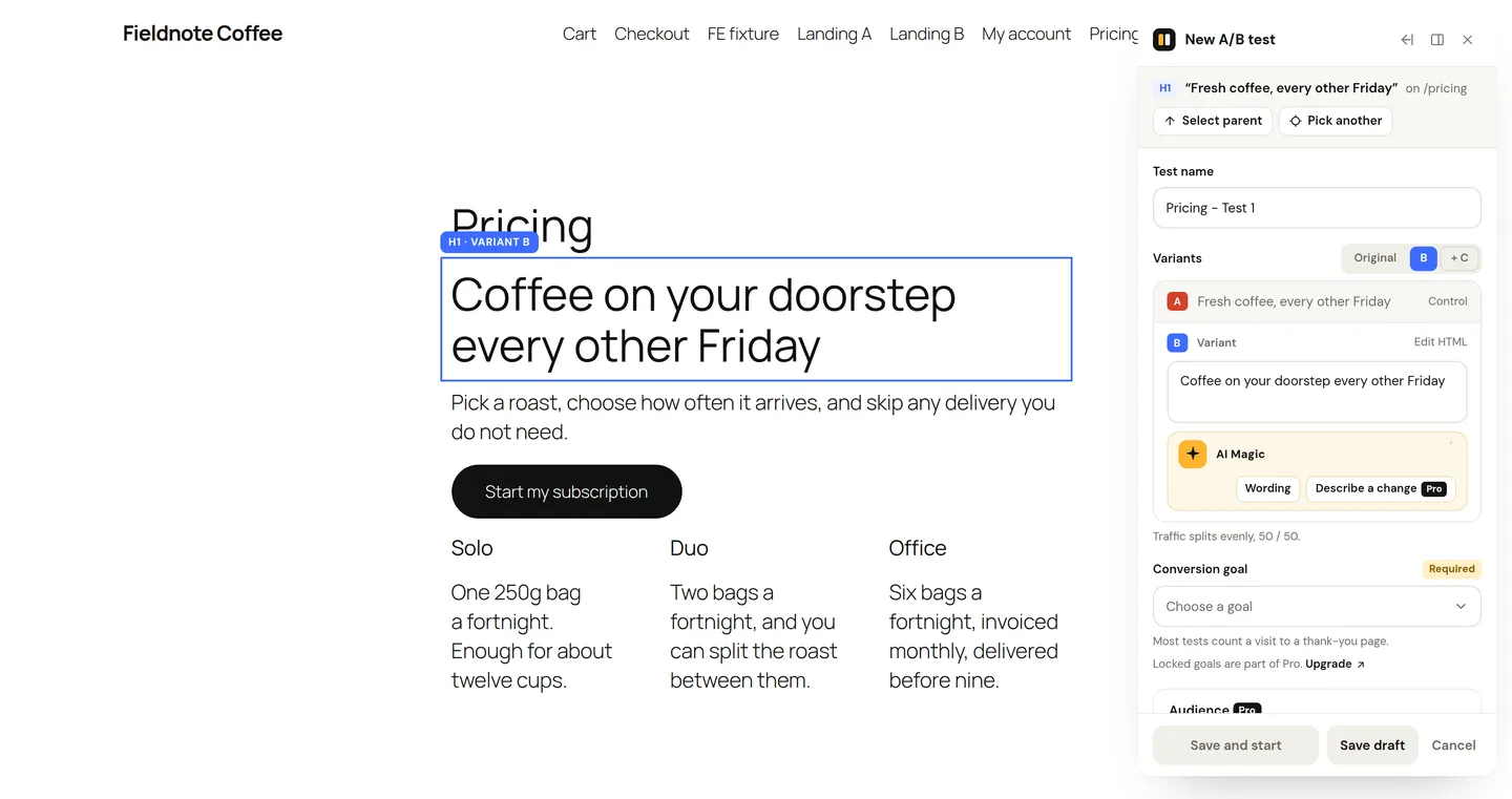 A demo coffee subscription's pricing page with the point-and-click panel open: the H1 is selected and outlined, the variant headline is typed into the panel, and the conversion goal and traffic split sit below