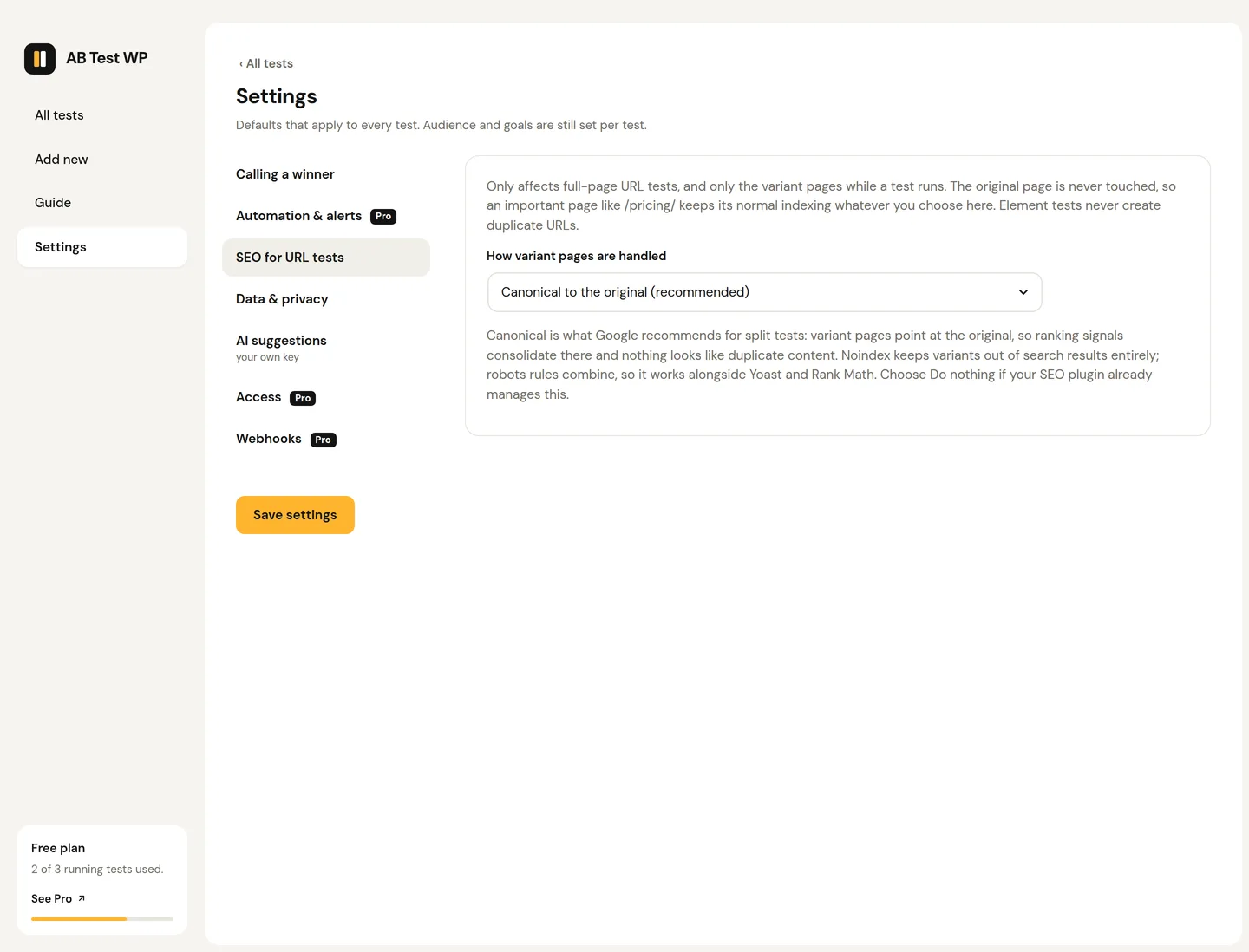 The plugin settings screen with SEO for URL tests selected, the handling set to canonical to the original, and the note explaining that noindex and do nothing are the alternatives